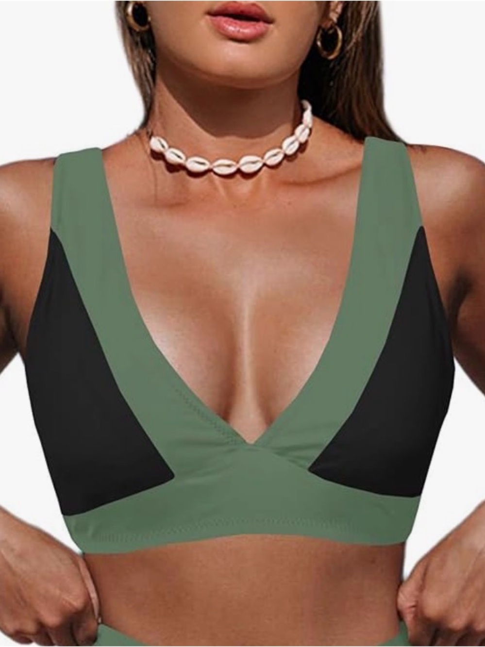 Hilinker Colorblock V-Neck Bikini Top in Olive and Black